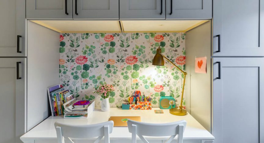 office kitchen with floral wallpaper